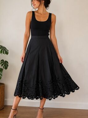 Talbots Pure Silk Black Embroidered Midi Skirt Beaded Cutwork Hem Size 10